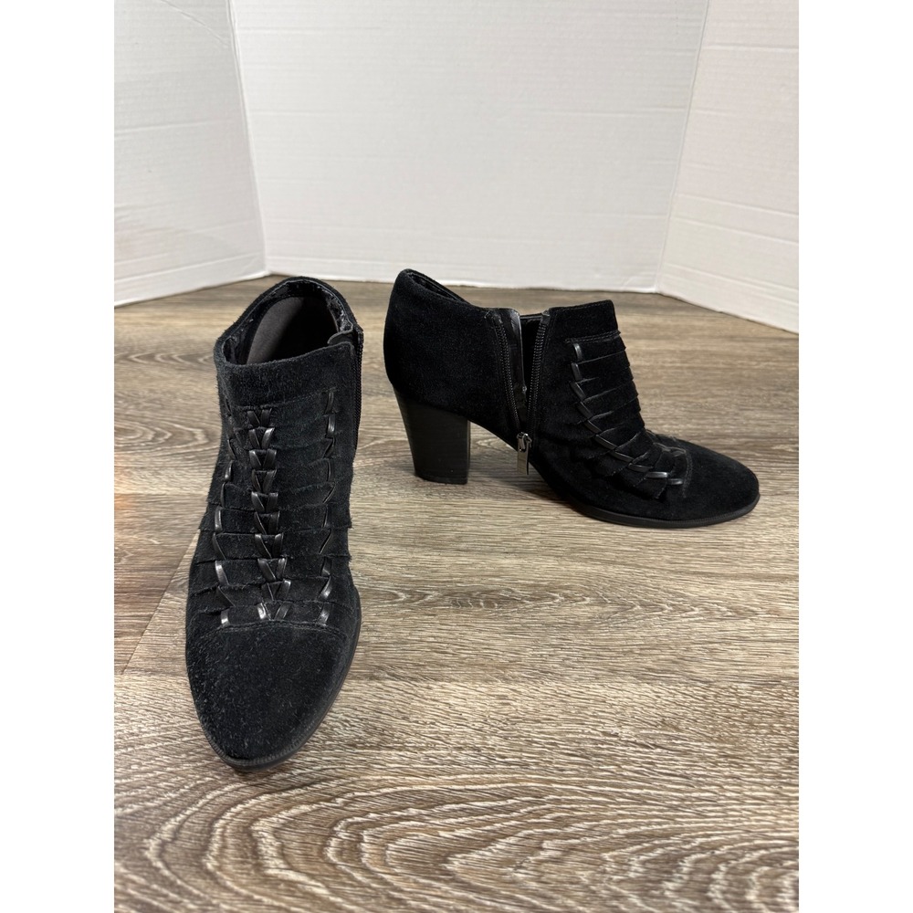 Franco Sarto Womens Black Suede Woven Ankle Booties Block Heel Size 8M Dimona